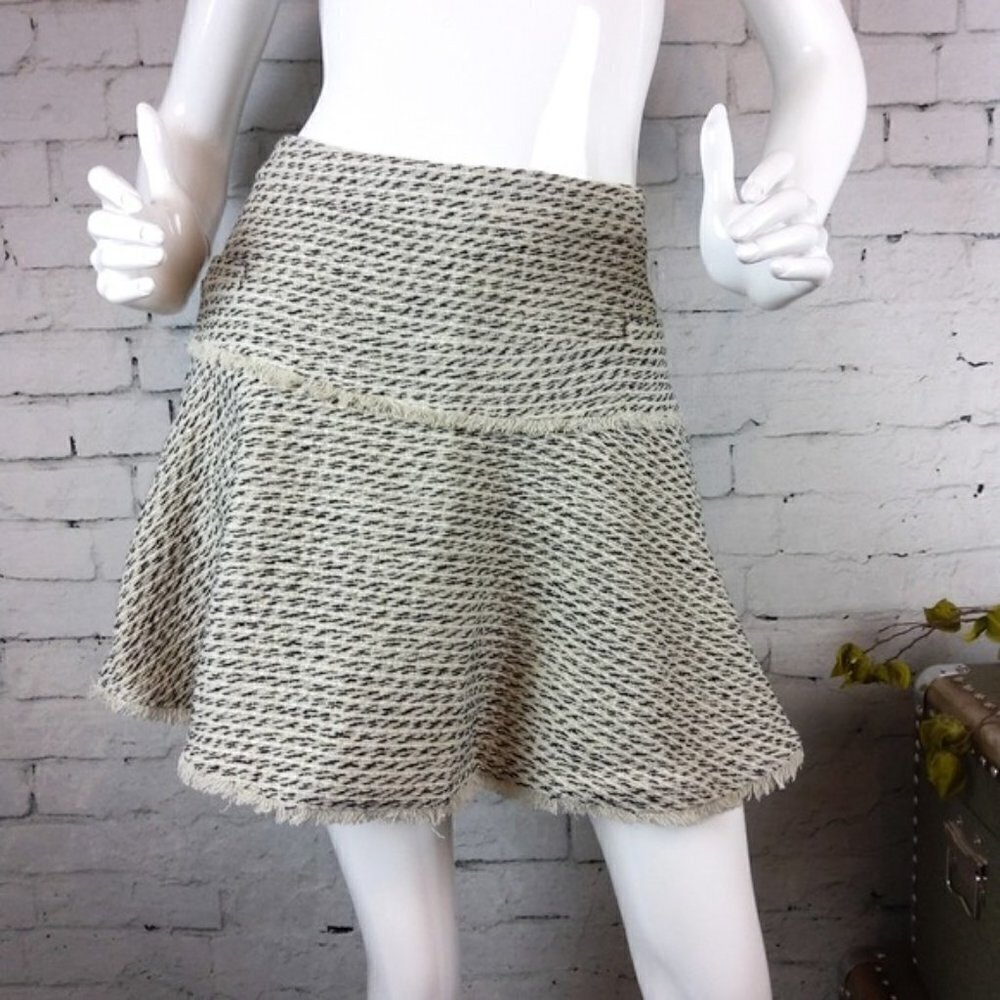 NWT Line & Dot Metallic Tweed Skirt With Fringe Cream Large